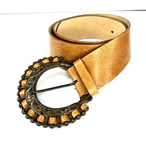Vintage Streets Ahead Tan Light Brown Leather Belt Ornate Metal Buckle Large